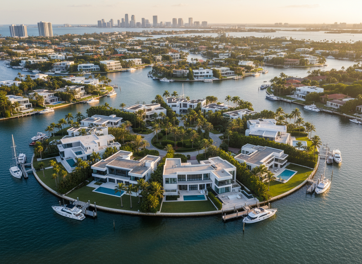 An expansive aerial photographic view of a luxurious Miami waterfront neighborhood at golden hour, featuring a collection of sleek, modern homes with flat roofs, glass walls, and white stucco facades. The turquoise Intracoastal Waterway winds between properties, dotted with private docks and moored yachts. Palm trees line wide, immaculate streets and lush, manicured lawns. Warm, low sunlight reflects off the calm water and glass surfaces, casting long, elegant shadows. The mood is sophisticated and aspirational, showcasing the breadth of the local real estate market. Captured with sharp focus and a wide-angle composition, emphasizing both the coastline and urban skyline in the distance, in clean, high-end photographic realism.