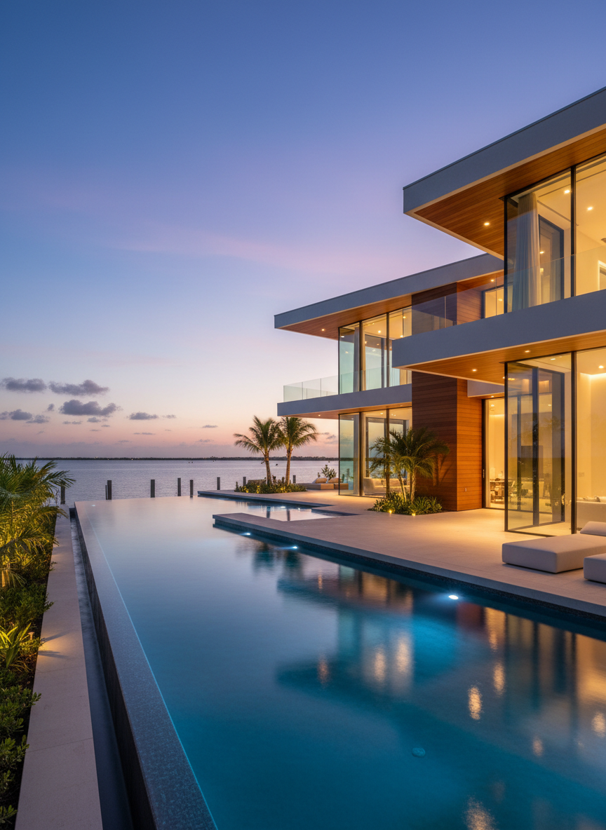 A striking exterior twilight photograph of a modern Miami waterfront home, its geometric architecture defined by white concrete planes, warm wood accents, and expansive glass panels. The house opens onto an infinity pool that appears to merge with the calm bay beyond, with subtle underwater lighting casting an azure glow. Discreet landscape lighting illuminates sculpted palms and native plantings along the water’s edge. The sky transitions from deep indigo to soft magenta, reflecting on the glass facade. The atmosphere is polished and exclusive, emphasizing the prestige of Miami luxury homes. Captured from a slightly low, three-quarter angle, the composition balances house, water, and sky in a sophisticated, high-contrast photographic style.