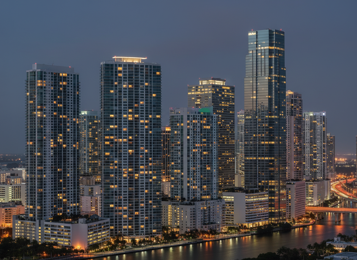 Downtown Miami skyscrapers illuminated at blue hour
