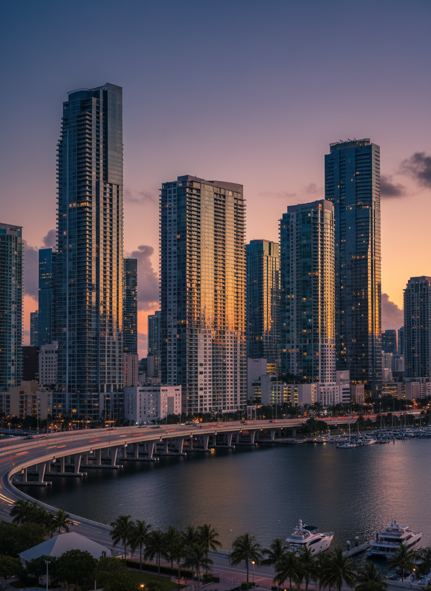 Brickell Miami modern glass towers at twilight