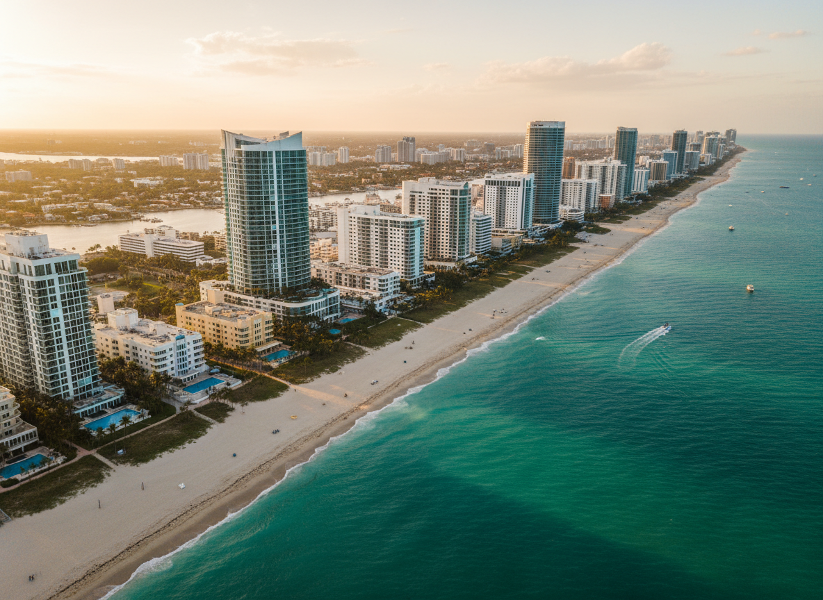 Aerial view of Miami Beach oceanfront at golden hour