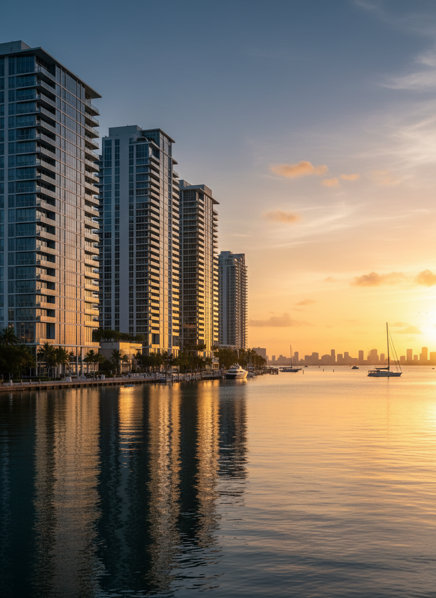 Edgewater Miami bayfront towers at sunset