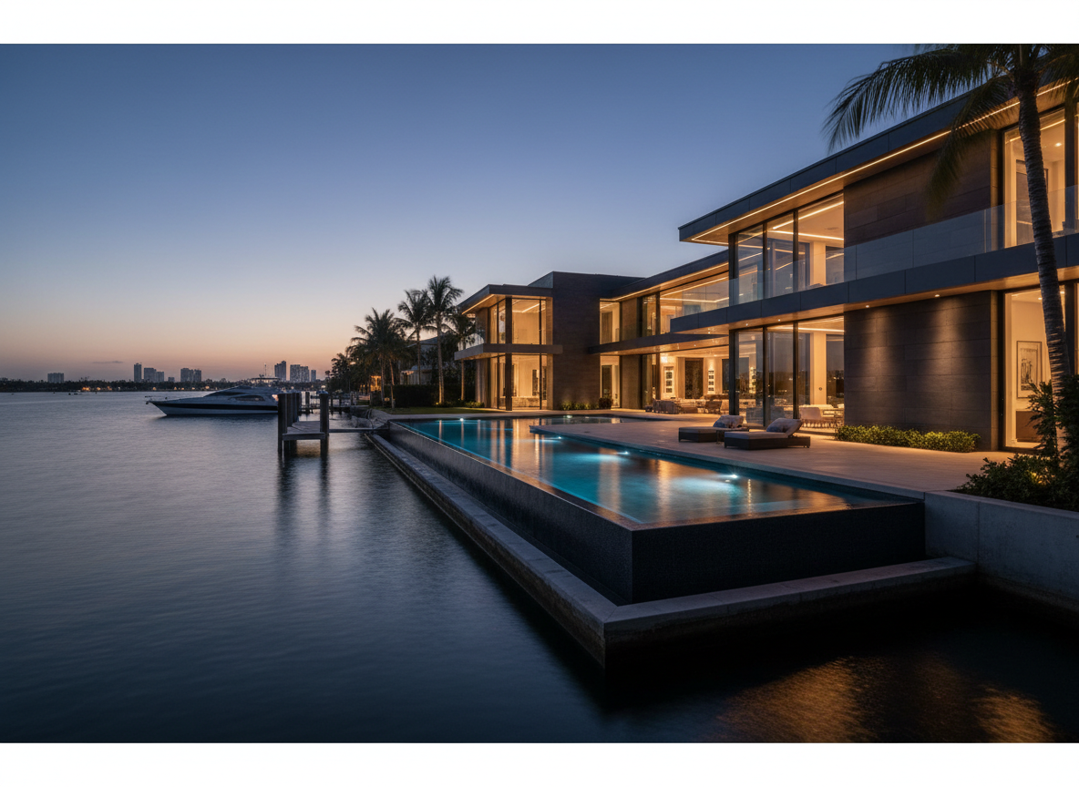 Luxury Miami waterfront home at night with glowing infinity pool