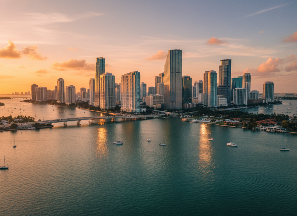 Downtown Miami skyline at golden hour over Biscayne Bay