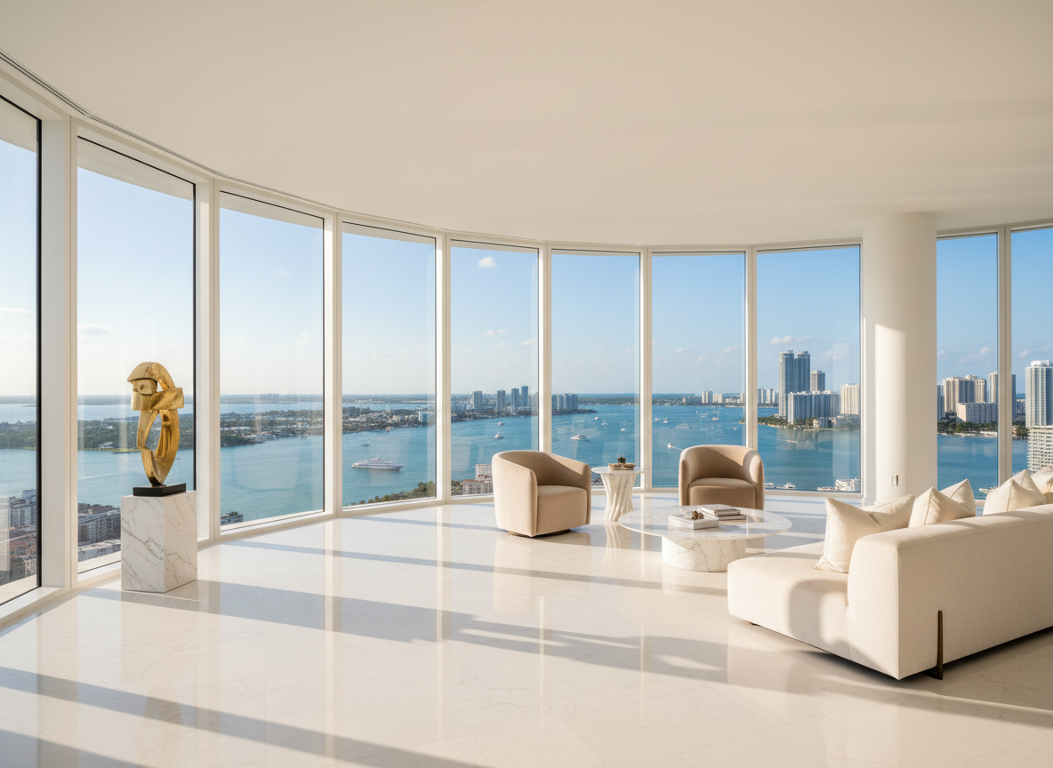 A bright, sun-drenched luxury Miami penthouse interior. Floor-to-ceiling windows with sweeping views of turquoise Biscayne Bay and the Miami skyline. Pure white marble floors, crisp white walls, sleek minimal furnishings in ivory and champagne. Warm golden afternoon light flooding the entire space. Ultra-bright, editorial, aspirational. No people. Luxury real estate photography style.